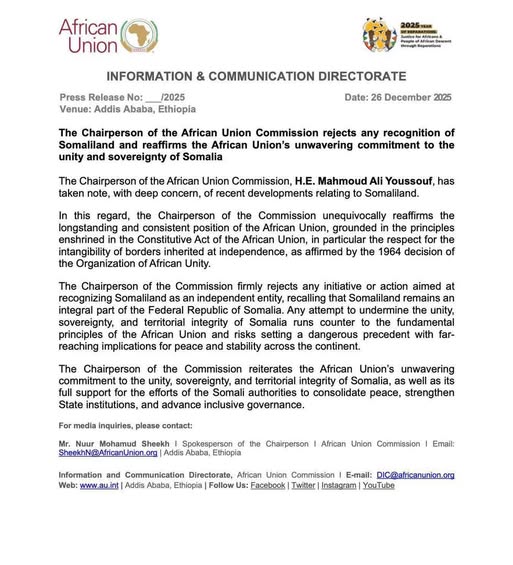 African Union reaffirms Somalia’s sovereignty, rejects unilateral recognition of Somaliland.
