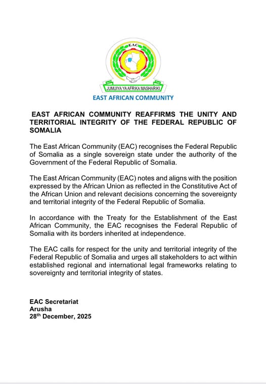 EAC reaffirms full support for Somalia’s unity, sovereignty, and internationally recognized borders amid regional tensions.
