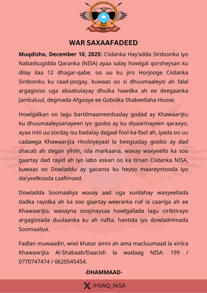 NISA conducts major operation in Jambaluul, neutralizes militant cell