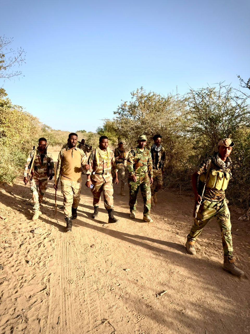Senior Somali National Army officers arrive in Awdheegle district for a security assessment visit.