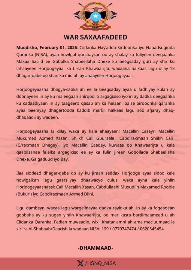 NISA says 13 al-shabaab members killed in special operation in Middle Shabelle