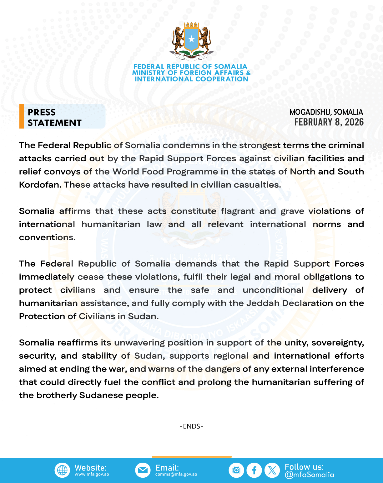 Somalia condemns RSF attacks on civilians and WFP aid convoys in Sudan