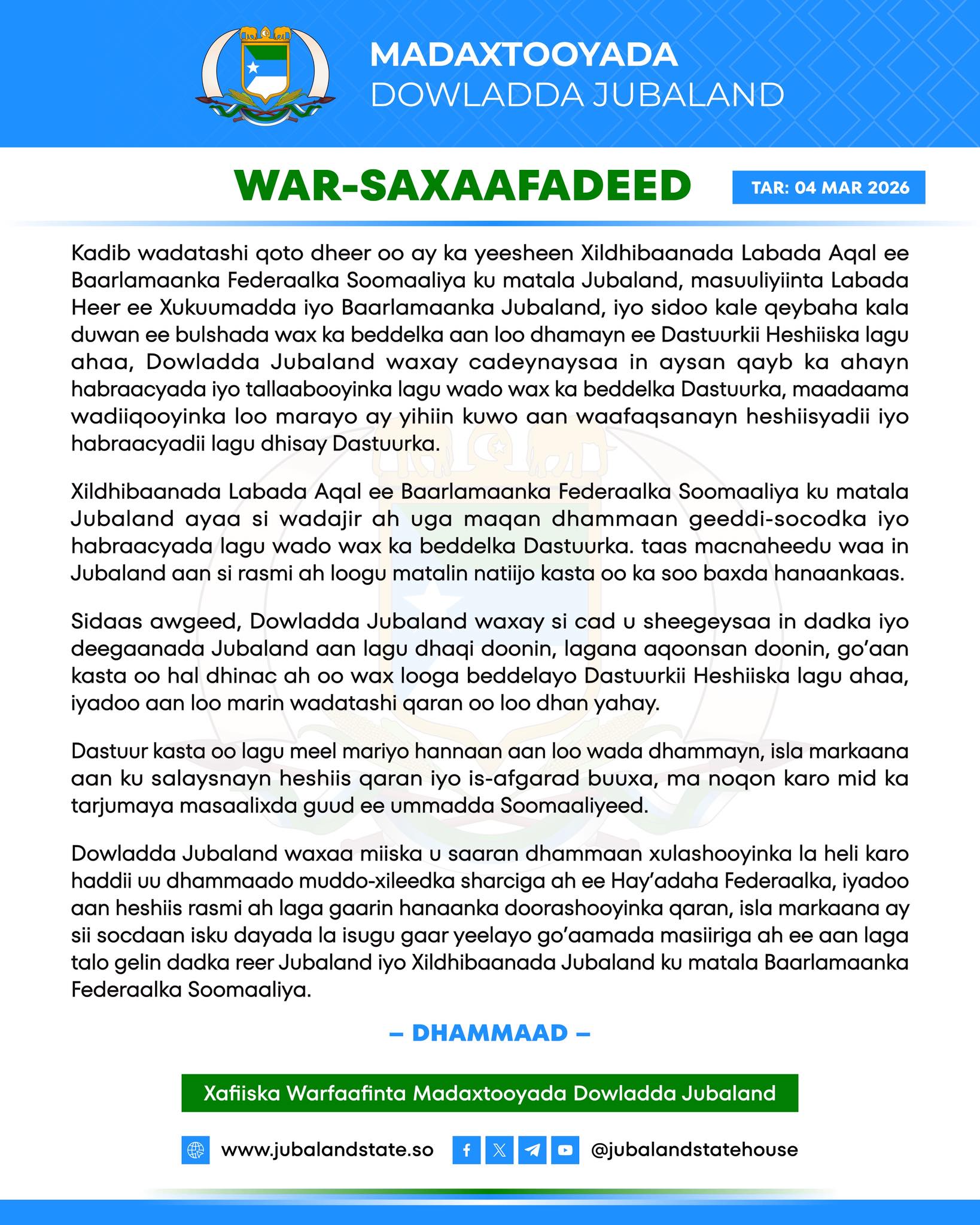 Jubaland rejects ongoing federal constitution amendment process